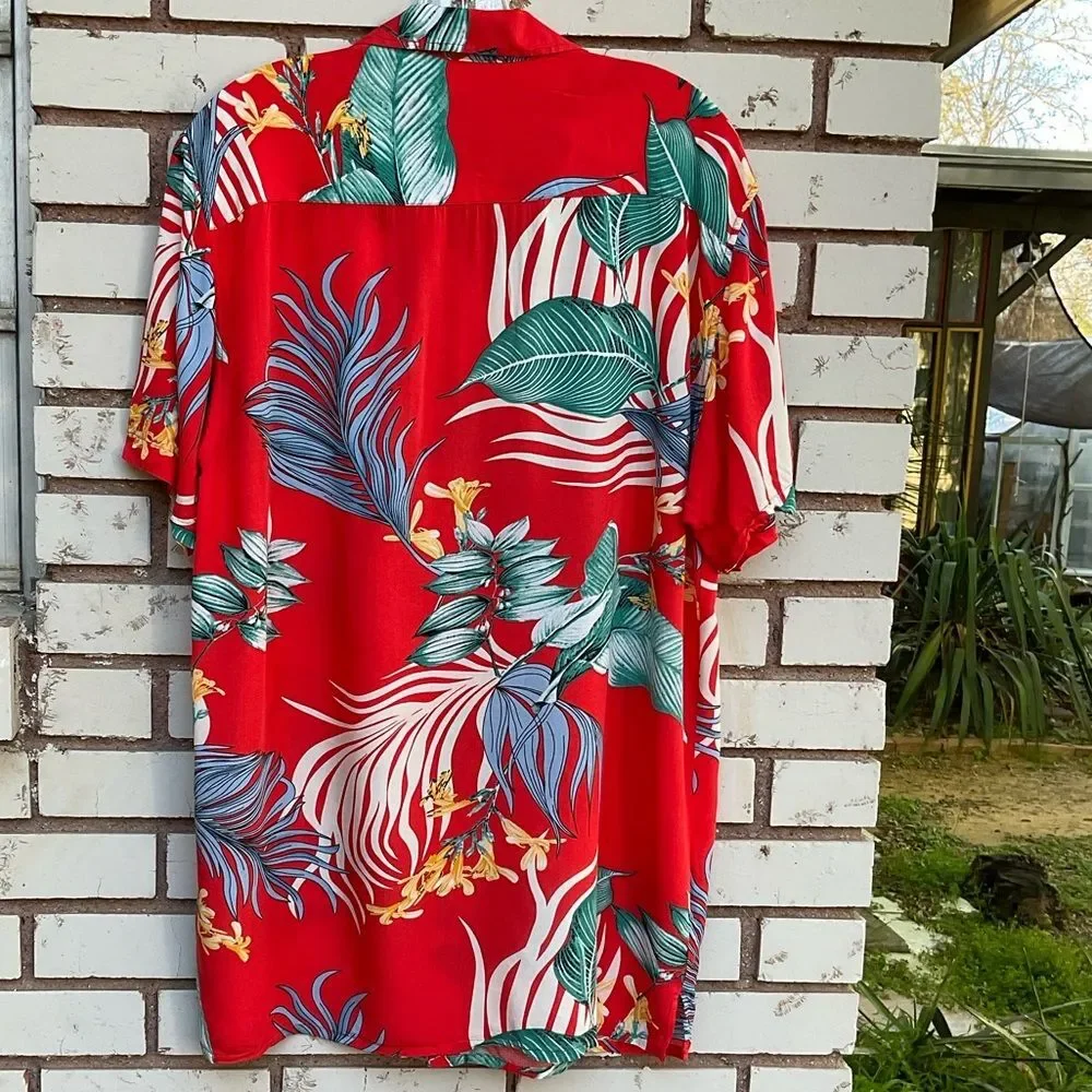 Alex Vando Premium Aloha Beach Hawaiian Button Down Shirt Orange Leaf Medium